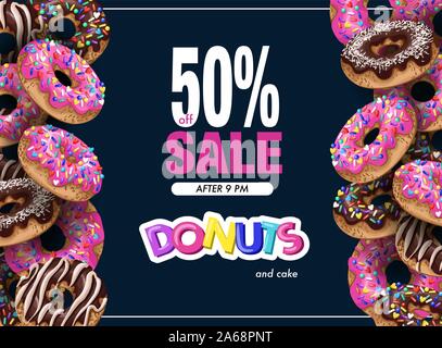Poster donuts sale with cupcakes pink and chocolate glaze. Stock Vector