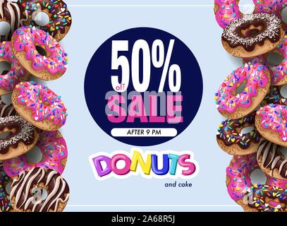 Poster donuts sale with cupcakes pink and chocolate glaze. Stock Vector