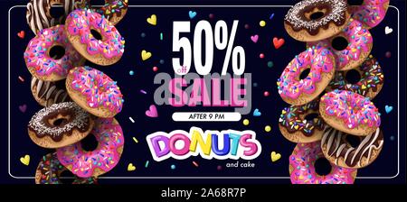 Poster donuts sale with cupcakes pink and chocolate glaze. Stock Vector