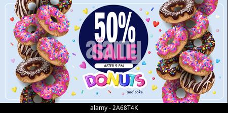 Poster donuts sale with cupcakes pink and chocolate glaze. Stock Vector