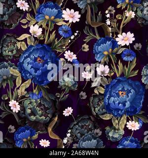 Seamless pattern with vintage peonies oil painting. Vector. Stock Vector