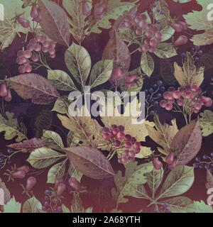 Vintage seaamless pattern with autumn leaves and berries. Stock Vector