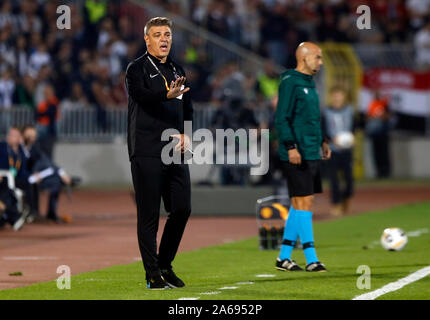 Belgrade. 24th Oct, 2019. Partizan's head coach Savo Milosevic gestures during a UEFA Europa League Group L football match between Partizan and Manchester United in Belgrade, Serbia on Oct. 24, 2019. Credit: Predrag Milosavljevic/Xinhua/Alamy Live News Stock Photo