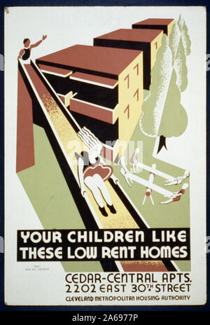 Your children like these low rent homes Abstract: Poster for Cleveland Metropolitan Housing Authority promoting low income housing development, showing children playing on playground. Stock Photo
