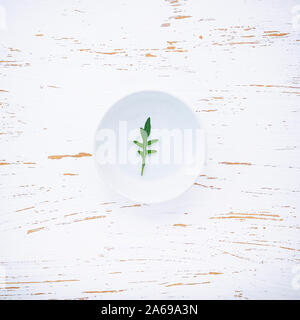 Food background and salad concept with wild rocket flat lay on white wooden background. Stock Photo