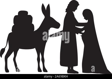 joseph and mary virgin in mule silhouettes manger characters Stock Vector