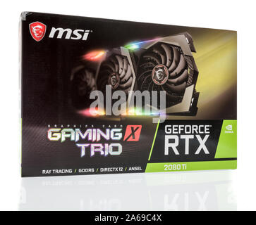 Winneconne, WI - 10 October 2019: A package of MSI GEforce rtx gaming x trio 2080 TI video card on an isolated background Stock Photo