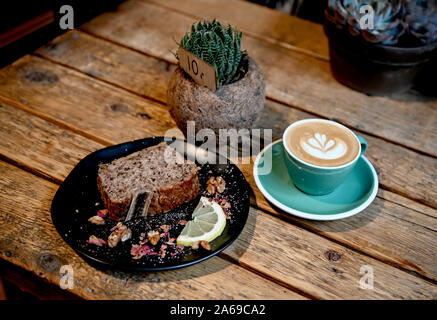 Berlin, Germany. 24th Oct, 2019. Coffee, cake and houseplants are all on one table at Café´ 'The Greens'. (To Korr ' Green and chic: Young city dwellers let plant market boom' of 25.10.2019) Credit: Britta Pedersen/dpa-Zentralbild/dpa/Alamy Live News Stock Photo