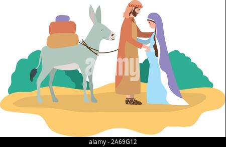 saint joseph and mary virgin in mule manger characters Stock Vector