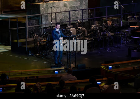 New York, NY - October 24, 2019: Qatar Secretary-General Supreme Comittee for Delivery & Legacy Hassan Al-Thawadi addresses audience during UN Day Concert 2019 at UN Headquarters