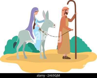 saint joseph and mary virgin in mule manger characters Stock Vector
