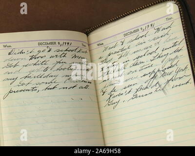Vintage peresonal diary with notes on the attack on Pearl Harbor propelling America into World War II. Stock Photo