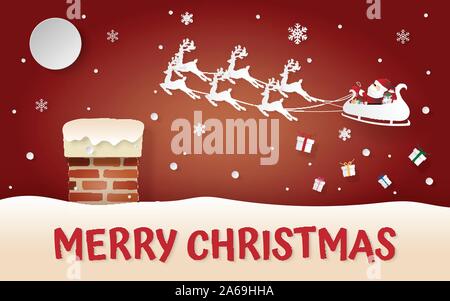 Paper art, craft style of Chimney on the roof, Santa Claus and reindeer coming to the village to give children a gift with snowing, Merry Christmas an Stock Vector