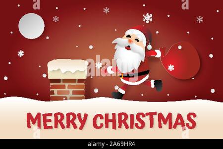 Paper art, craft style of Chimney on the roof, Santa Claus and reindeer coming to the village to give children a gift with snowing, Merry Christmas an Stock Vector