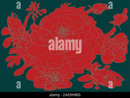 A Red Bouquet of Roses. Abstract decorative hand-drawn artwork with red roses. It can be used as a greeting card, wallpaper, fabric pattern Stock Vector