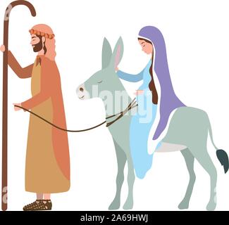 saint joseph and mary virgin in mule manger characters Stock Vector