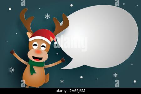 Paper art, Craft style of Reindeer with bubble speech for say something, Merry Christmas and Happy New Year Stock Vector