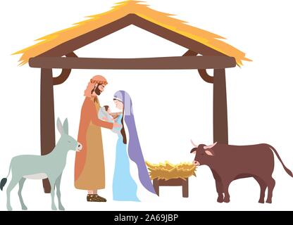 cute holy family and animals in stable manger characters Stock Vector