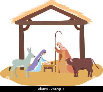 cute holy family and animals in stable manger characters Stock Vector