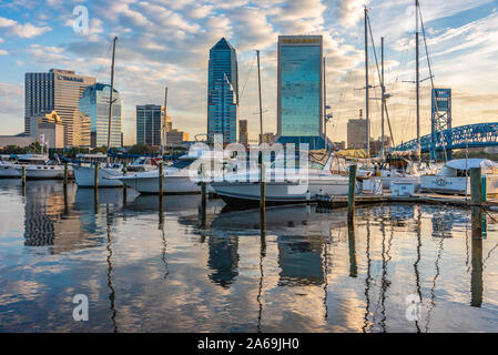 Sunrise riverfront view of the Downtown Jacksonville skyline along the St. Johns River in Jacksonville, Florida. (USA) Stock Photo