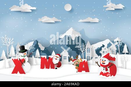 Paper art, Craft style of Santa Claus and friends with word XMAS in village countryside, Merry Christmas and Happy New Year Stock Vector