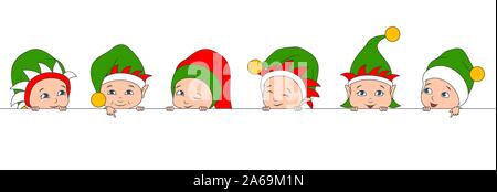 Set Christmas Elfs Children, Babies in Irish Hats. Boys and Girls with Clean Banner - Illustration Vector Stock Vector
