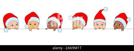 Set Christmas Funny Children of Different Races, Babies in Santa Hats - Illustration Vector Stock Vector
