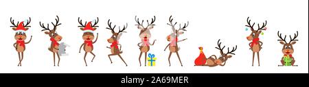 Set Funny Deers, Christmas Reindeers, Cheerful Cartoons in Santa Hats with Gifts - Illustration Vector Stock Vector