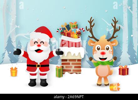 Origami paper art of Santa Claus and Reindeer on the rooftops to give gifts via chimney, Merry Christmas and Happy New Year Stock Vector