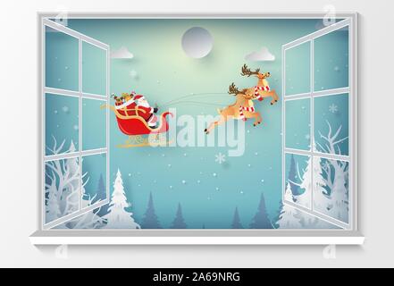 Origami paper art of Santa Claus in christmas day outside the window, Merry Christmas and Happy New Year Stock Vector