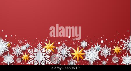 Paper art of Winter decoration with snowflakes, stars on red background, Merry Christmas and Happy New Year Stock Vector
