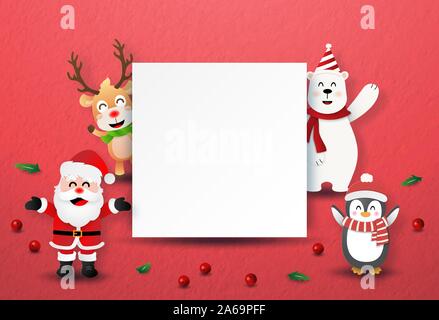 Origami paper art style, Santa Claus and Christmas character with blank labels copy space, Merry Christmas and Happy New Year Stock Vector