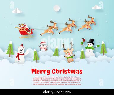 Origami paper art style, Postcard of Christmas party with Santa Claus on the sky, Merry Christmas and Happy New Year Stock Vector