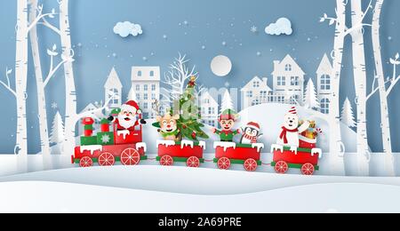 Origami paper art style, Christmas train with Santa Claus and friend in the village, Merry Christmas and Happy New Year Stock Vector
