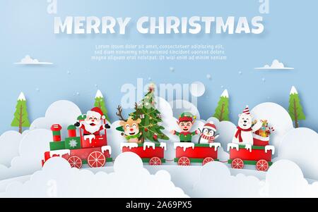 Origami Paper art of Christmas party on the train with Santa Claus, Copy Space, Merry Christmas and Happy New Year Stock Vector