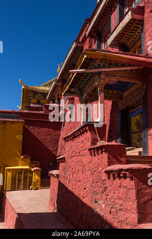 The Ganden Monastery sits at the top of a natural amphitheater on Wangbur Mountain.  It was founded in 1409 A.D.  but was mostly destroyed in 1959 by Stock Photo