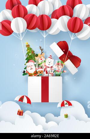 Origami Paper art of Santa Claus and cute character in a gift box with balloon on the sky, Merry Christmas and Happy New Year Stock Vector