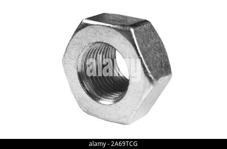 Metal nuts isolated on white background. Chromed screw nuts isolated. Steel nuts isolated. Nuts and bolts. Tools for work. Stock Photo
