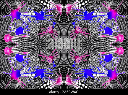Picture Space abstraction. Black-white drawing and color spots. Symmetric seamless pattern, mirror reflection. Stock Photo