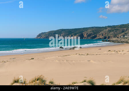 Costal view of Praia do Guincho (Guincho Beach) located on Estoril coast near the town of Cascais, Portugal. This is popular blue flag Atlantic beach Stock Photo