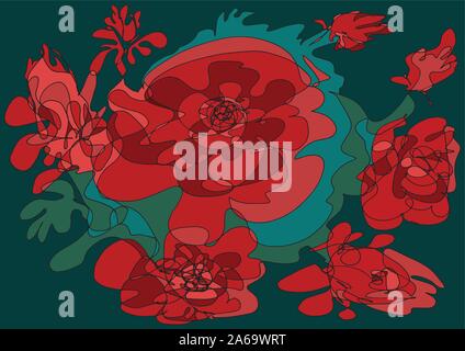 A Red flamboyant Bouquet of Roses. Abstract decorative hand-drawn artwork with red roses. It can be used as a greeting card, wallpaper, fabric pattern Stock Vector