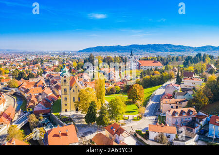 Croatia, town of Samobor, autumn in city, main square and church tower aerial view Stock Photo