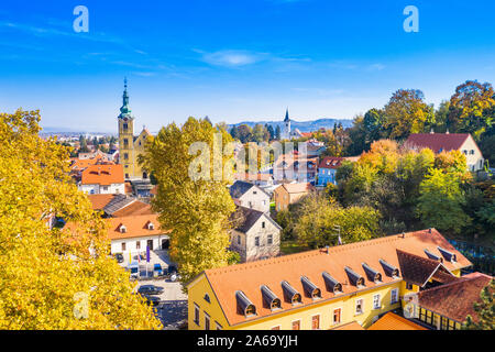 Croatia, town of Samobor, autumn in city, main square and church tower aerial view Stock Photo