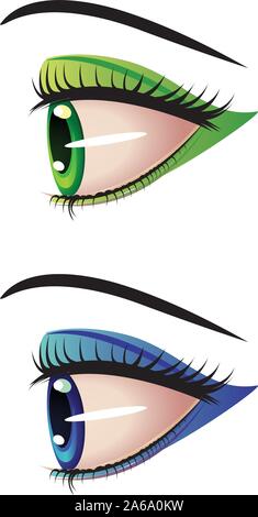 Two eyes of green and blue color in profile view. Stock Vector