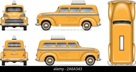 Retro taxi cab vector mockup on white background for vehicle branding, corporate identity and advertisement, easy editing and recolor Stock Vector