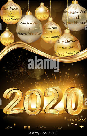 Merry Christmas and Happy New Year 2020 written in many languages English, French, Spanish, German, Italian and Dutch. Stock Photo