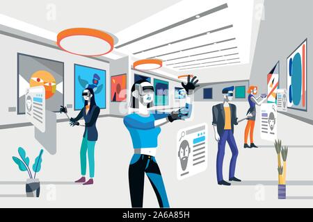 Cool people looking modern abstract paintings in art exhibition wearing augmented reality technology devices. Vector flat illustration. Men and women Stock Vector