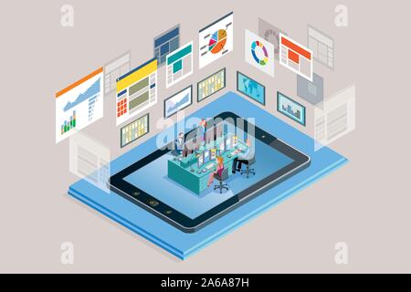 Vector illustration concept. A teamwork in a analytics and management company. The big screens sowing data, Infographics and numbers. Landing page des Stock Vector