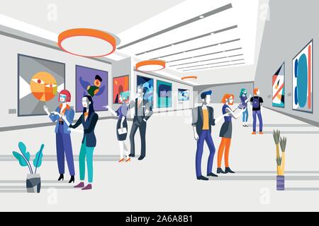Cool people looking modern abstract paintings in art exhibition. vector flat illustration. Men and women at the museum of arts. Stock Vector