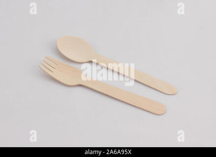 kitchenware set of wooden spoon and fork isolated on white background Stock Photo